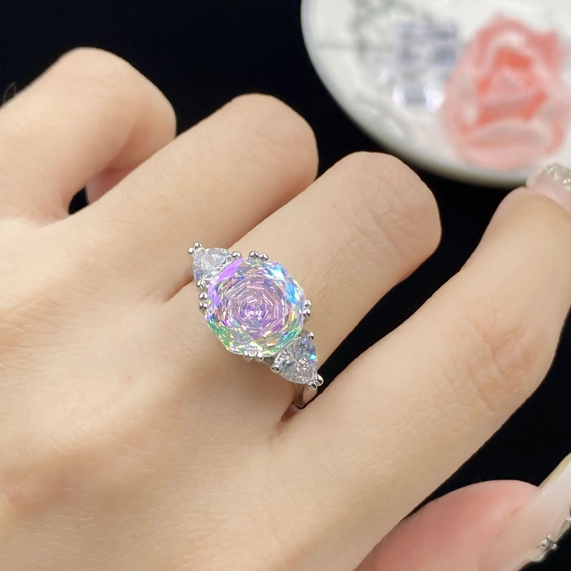 Trend Women Engagement Ring Bottom Millennium Rose Cutting Colorful Octagonal Zircon Luxury Open Rings Silver Color Jewelry