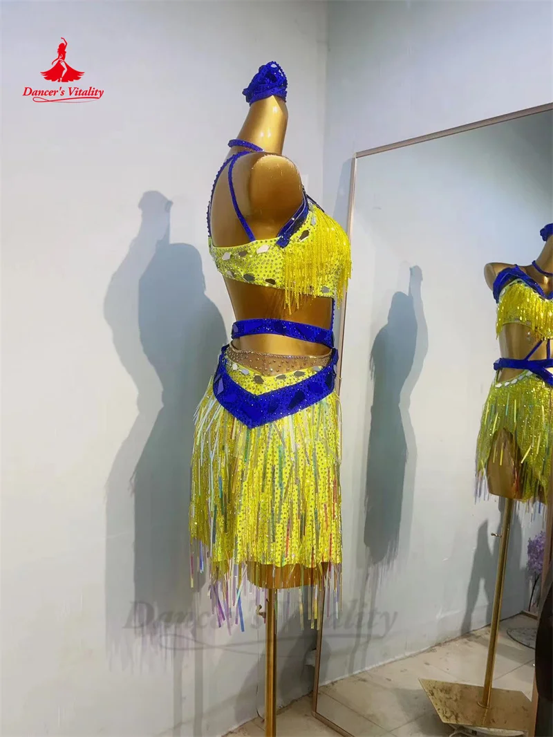 Latin Dance Fringe Dress for Women Custom AB Stones Sequins Rumba Chacha Tango Performance Profession Skirt Latin Tassel Dresses