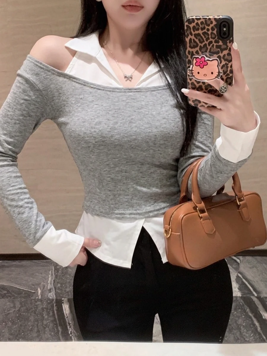 Slim Fit Long Sleeve V-Neck T-Shirt Casual Versatile Women's Top Low Waist Design Bell Sleeve Splice Creative Pattern Winter ...