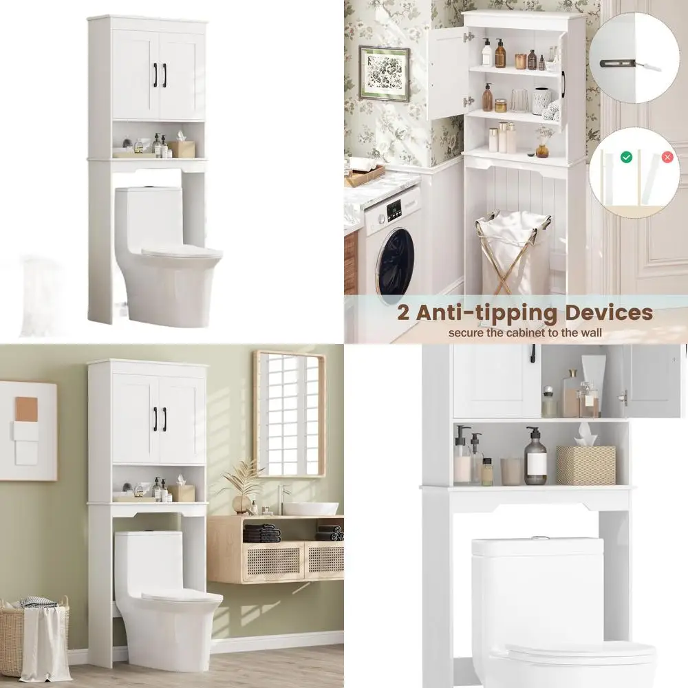 

White 5-Tier Adjustable Over-the-Toilet Storage Cabinet with Dual Doors for Bathroom Organization