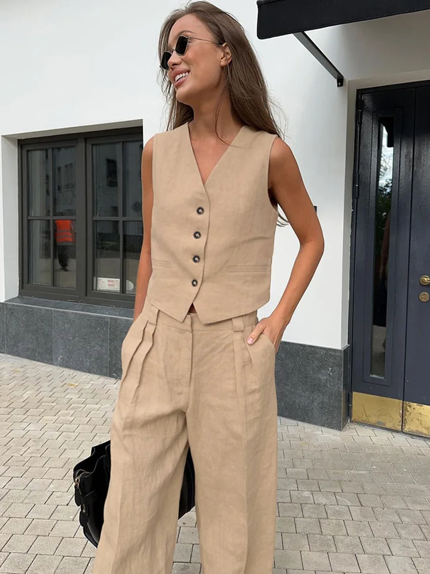 Womem Linen Cotton Sleeveless Vest Top ＆ Pants Suit 2024 Summer Office Ladies Chic Vest 2 Piece Sets Womens Outfits Clothing