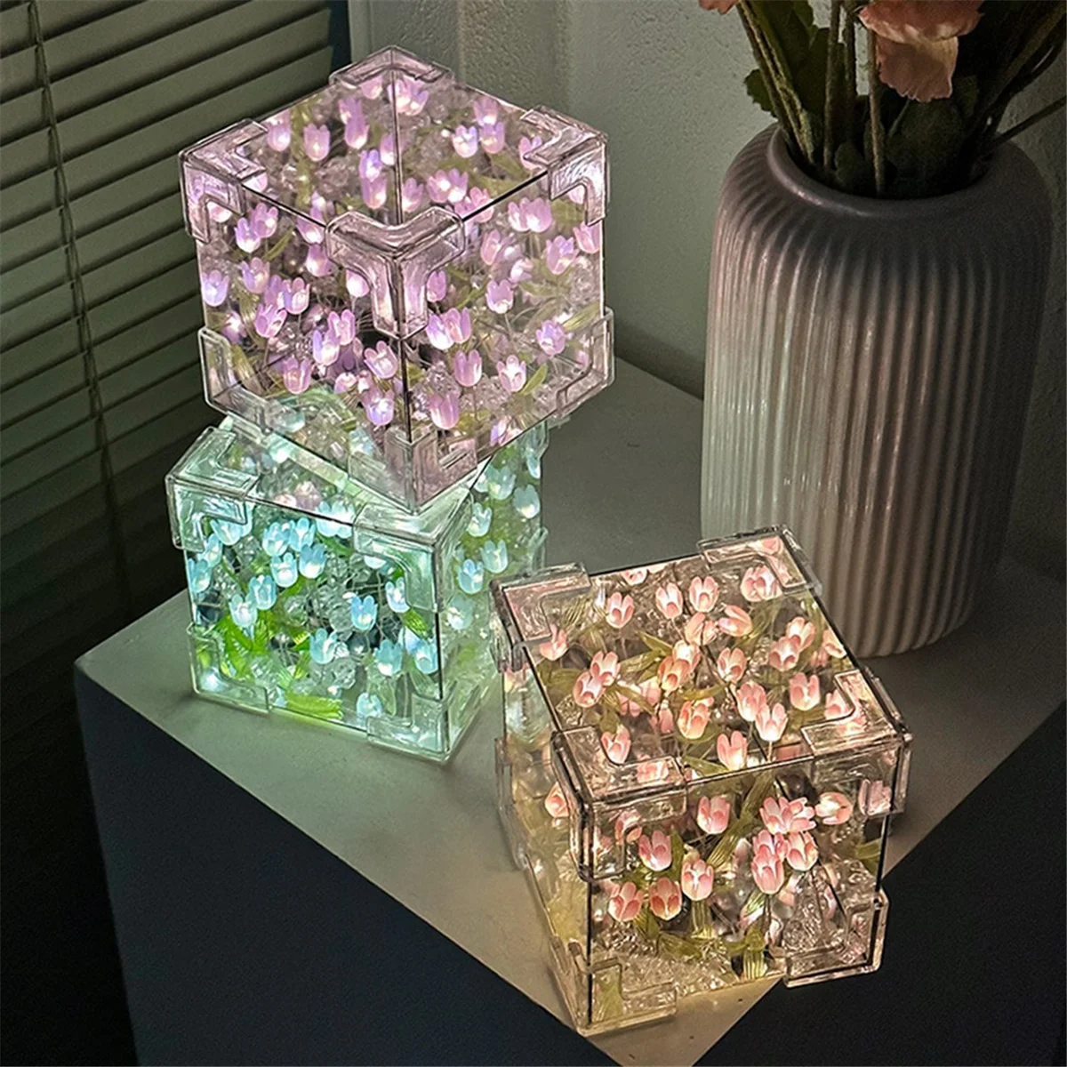 A07I DIY Tulip Mirror Cube Lamp Simulation Flower Bedroom Sleeping Table Handmade Tulip Small Night Light Gift PINK