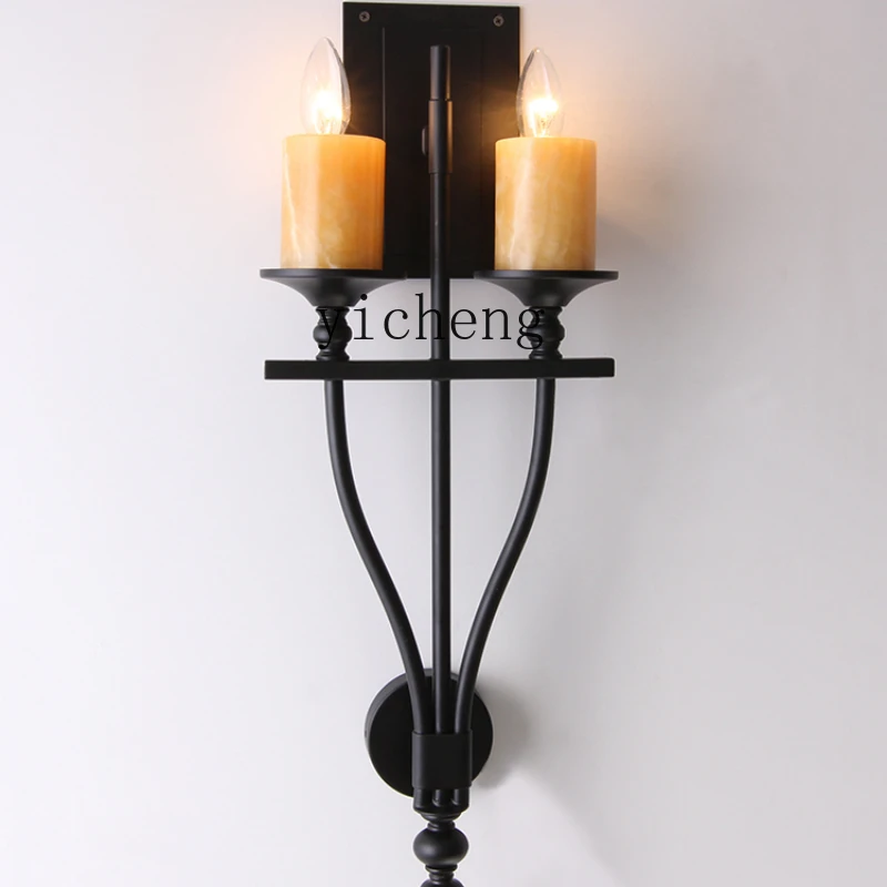 ZF Wall Lamp Living Room Wall Light Bulb Aisle Retro Candle Iron Black Bedroom Bedside Wall Lamp