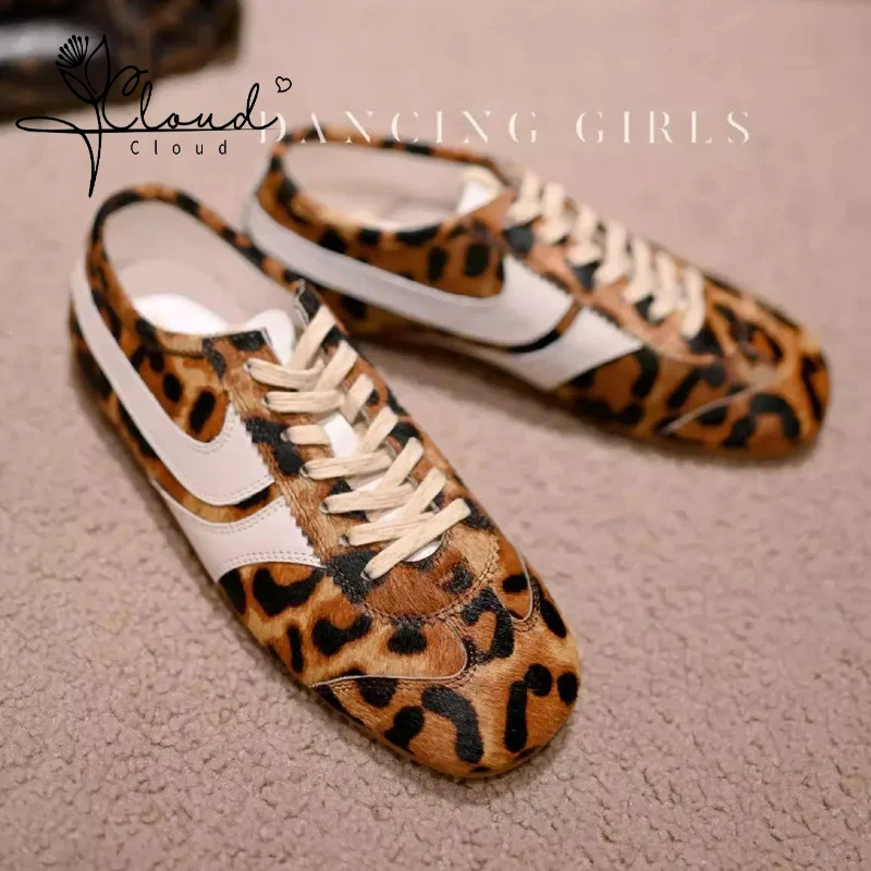 

2024 Leather Women Flats Sneakers Leopard Casual Lace-up Heels Womens Athletic Tennis Genuine Moral Training Ladies Shoes Pumps