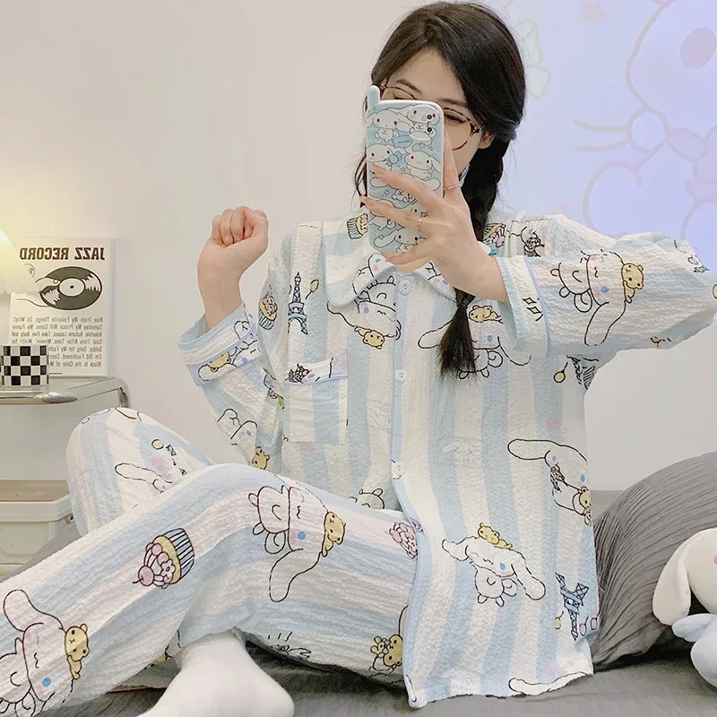 Sanrio jade cinnamon dog silk pajamas women's autumn pure cotton cartoon long-sleeved trousers loose home women's pajamas set