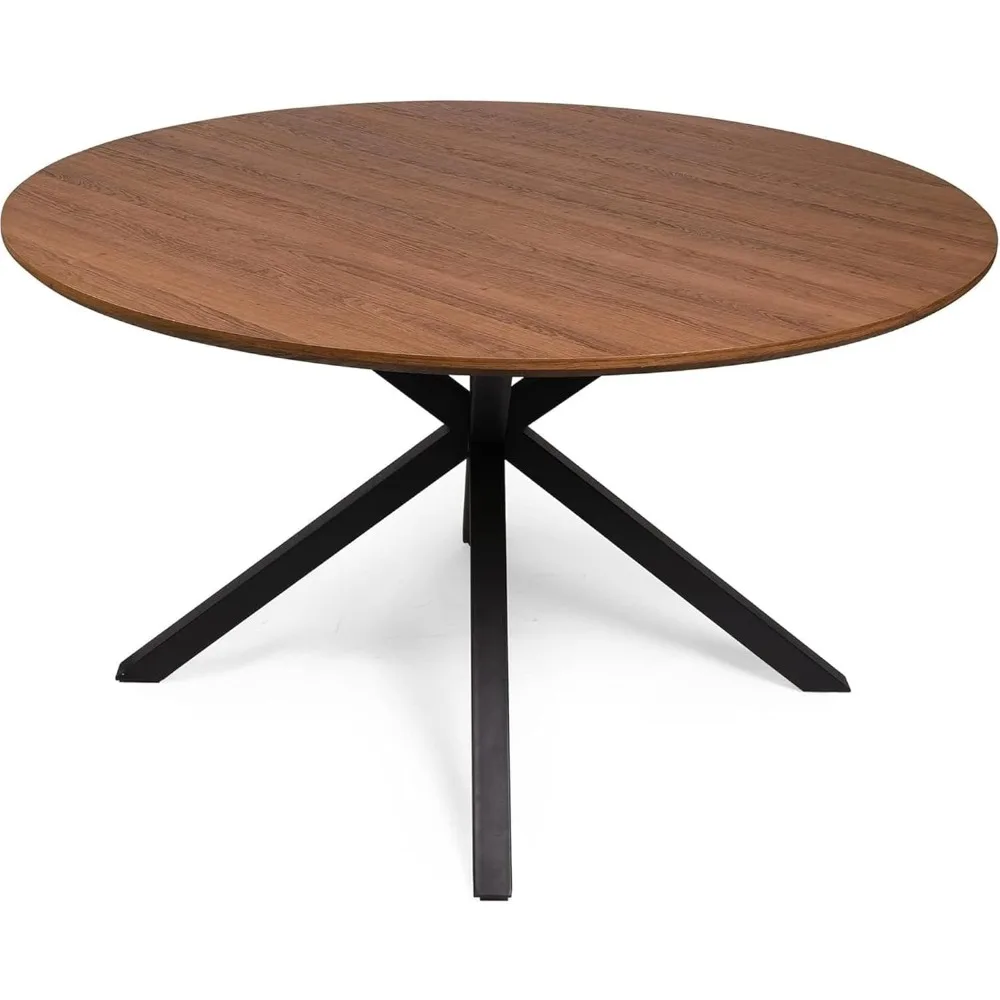 

53" Round Dining Table for 4-6, Mid-Century Modern Dining Room Table with Metal Cross Legs, Large Wood Leisure Circle Coffee Ta