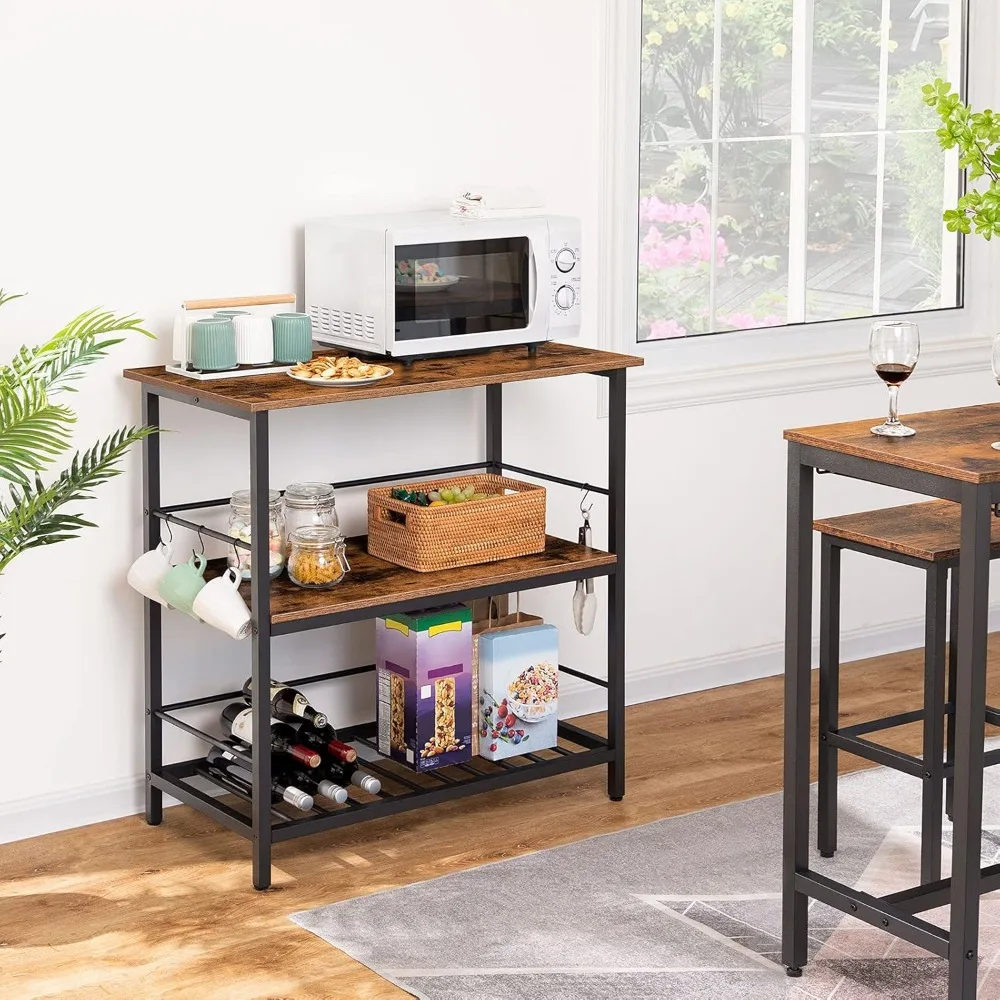 جزيرة مطبخ على الطراز الصناعي مع مساحة تخزين النبيذ وأرفف من 3 طبقات وخطافات وقضبان واقية