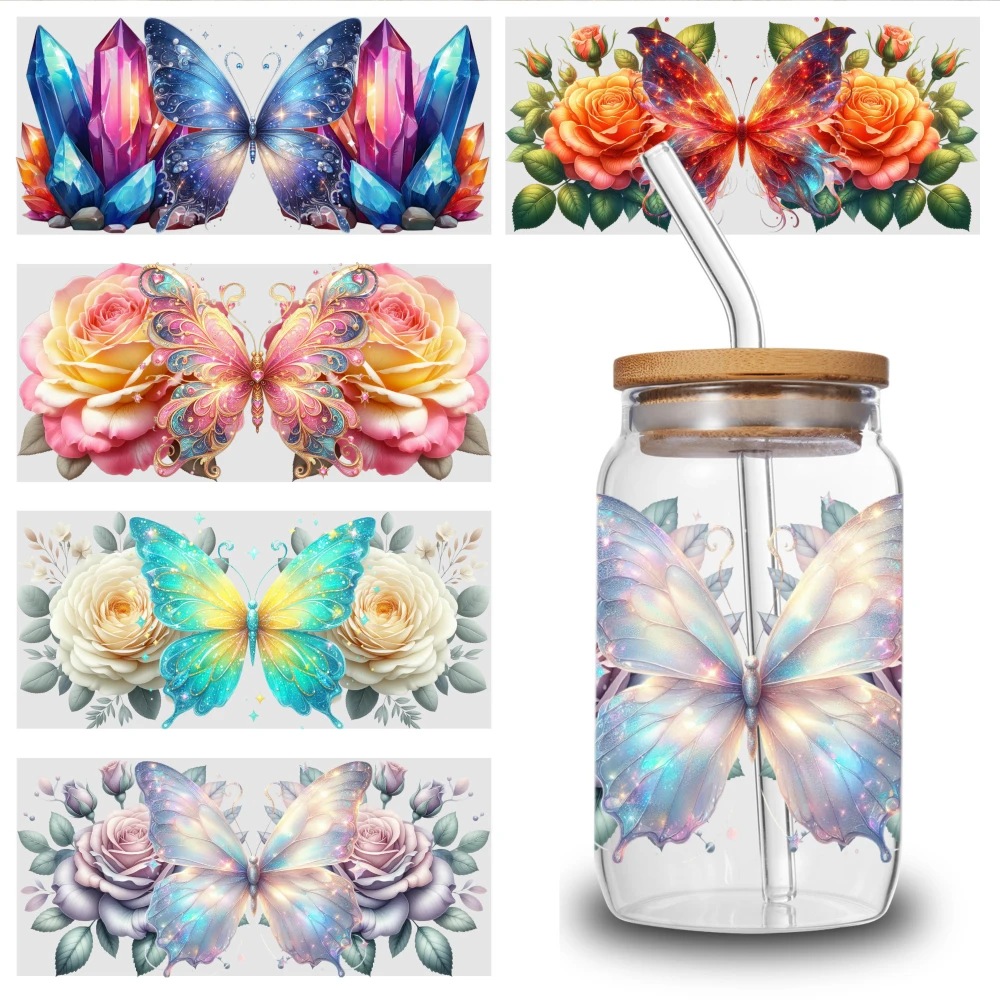 5 Sheets Butterfly Floral Crystal Rose Watercolor Iridescent Dreamy UV DTF Stickers Mug Decoration Gift Waterproof Rub on