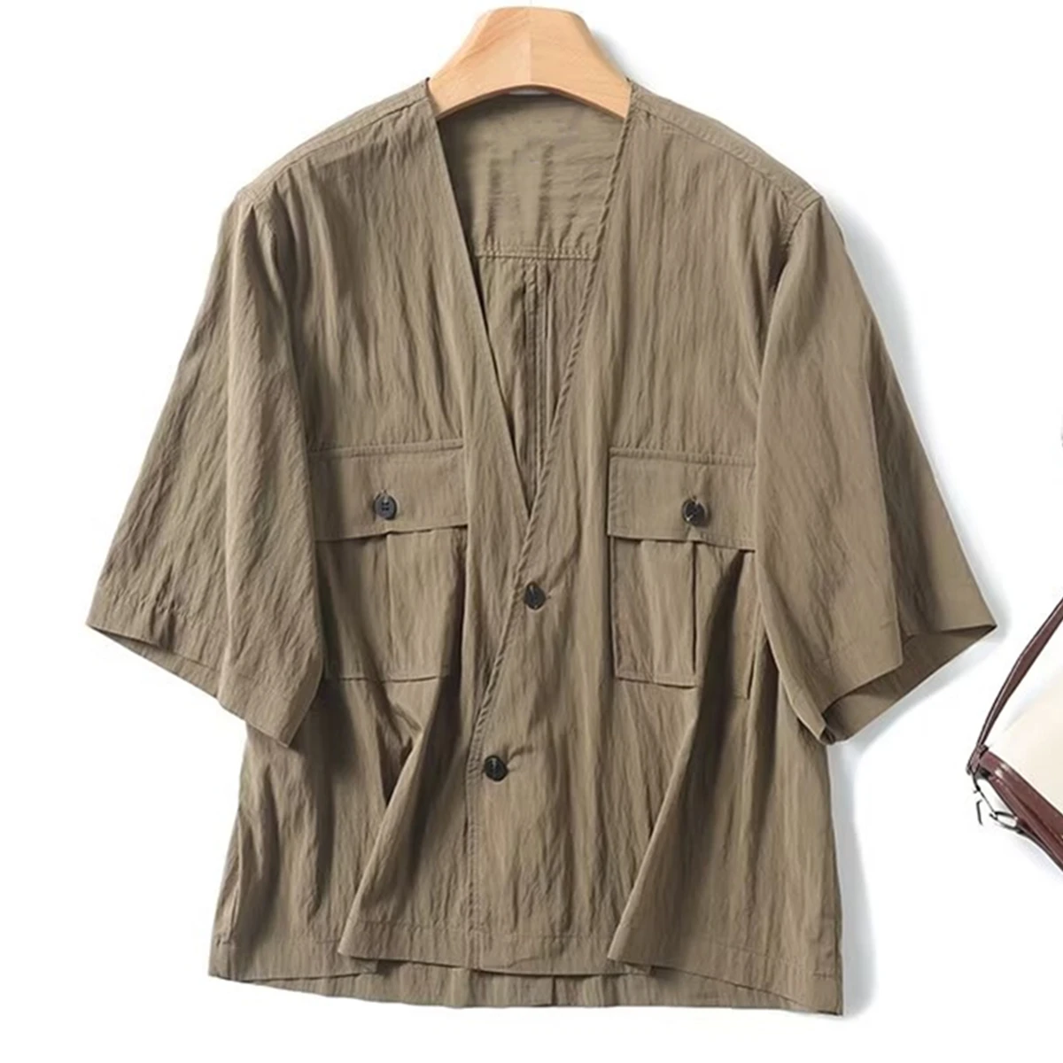 

Withered Fashion Retro Casual Shirt Summer Blouse Women Pocket V-neck Shirt Tops French Minimalist Pure Color Khaki