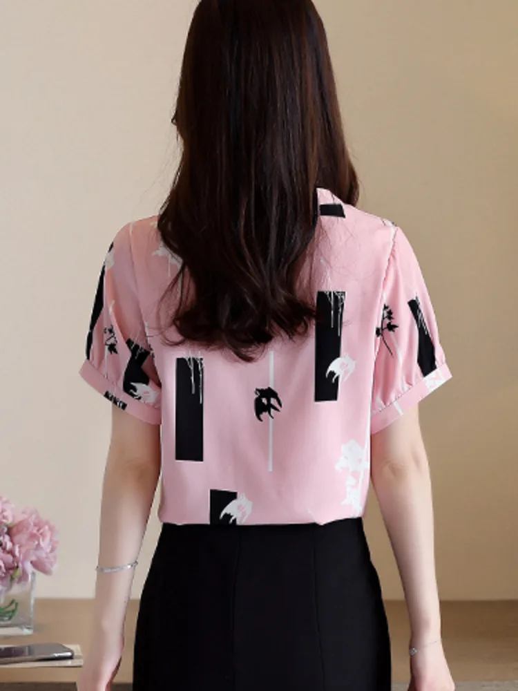 #3301 White Pink Printed Chiffon Blouse Women V-neck Vintage Office Short Sleeve Blouse Femme Loose Sexy France Style Summer