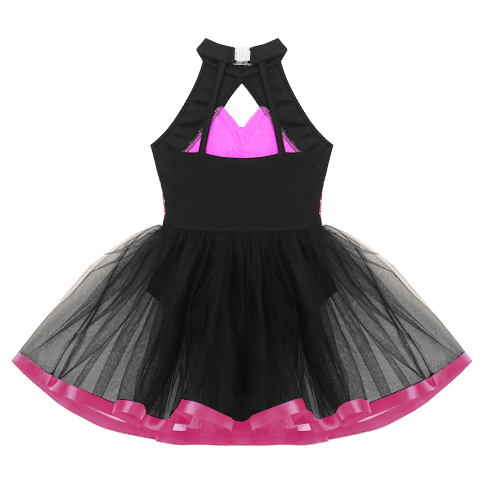 Sleeveless Sequins Ballet Dance Costume Kids Girl Shiny Hollow Back Sheer Mesh Tutu Gymnastics Ice Skating Performance Dancewear