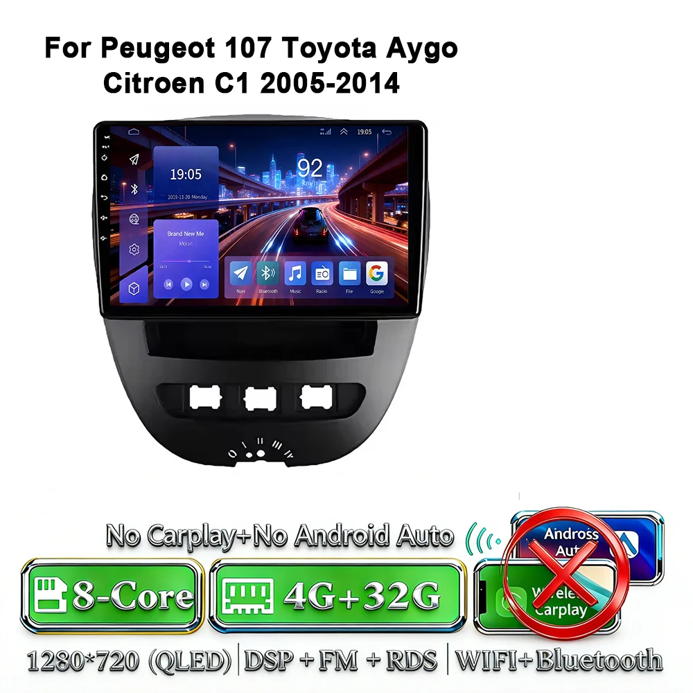 Android 17 Carplay Auto 4G WIFI autoradio voor Peugeot 107 Toyota Aygo Citroen C1 2005-2014 GPS BT DSP touchscreen multimedia - afbeelding 1