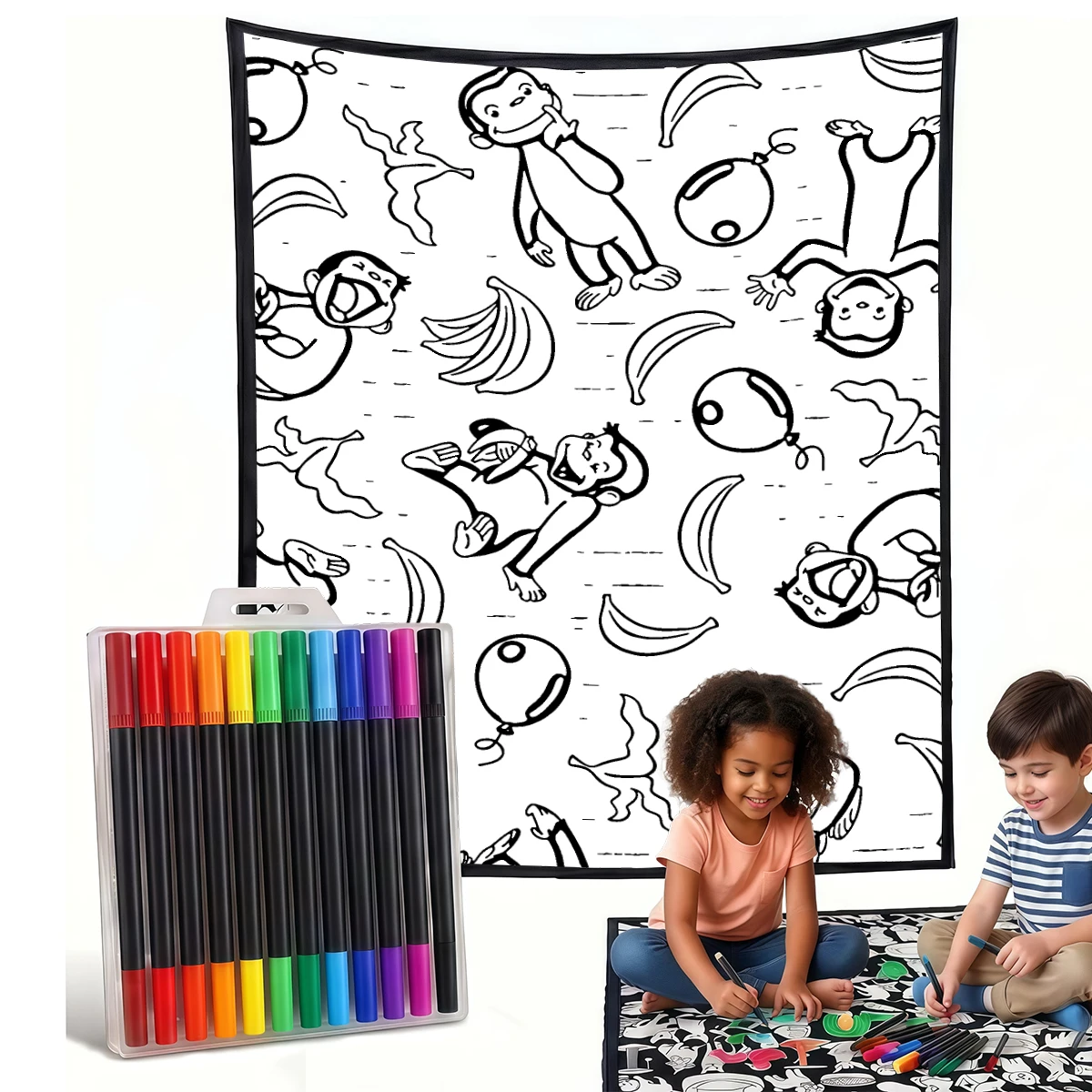 Funny monkey George DIY Cozy Coloring Blankets -24 Markers, Cozy Velvet Ideal For Daily Use Home Decor And Kids Spaces