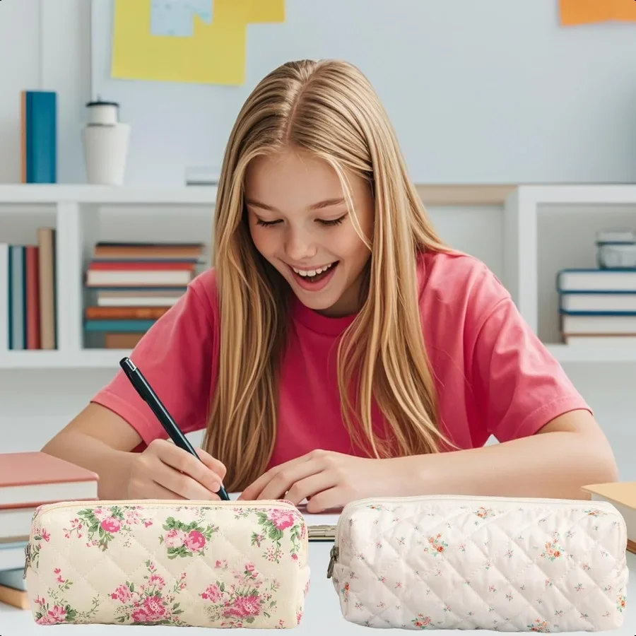 Estuche para lápices Estuche para lápices bonito para niñas Estuche para lápices estético con cremallera Estuches para bolígrafos Estuche para maquillaje con 2 flores rosas