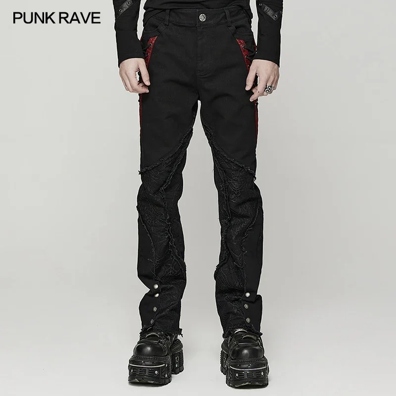 PUNK RAVE Men\'s Punk Cool Personality Spider Mesh Pants Gothic Irregularly Divided Casual Raw Edge Black Denim