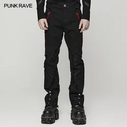 PUNK RAVE Men's Punk Cool Personality Spider Mesh Pants Gothic Irregularly Divided Casual Raw Edge Black Denim