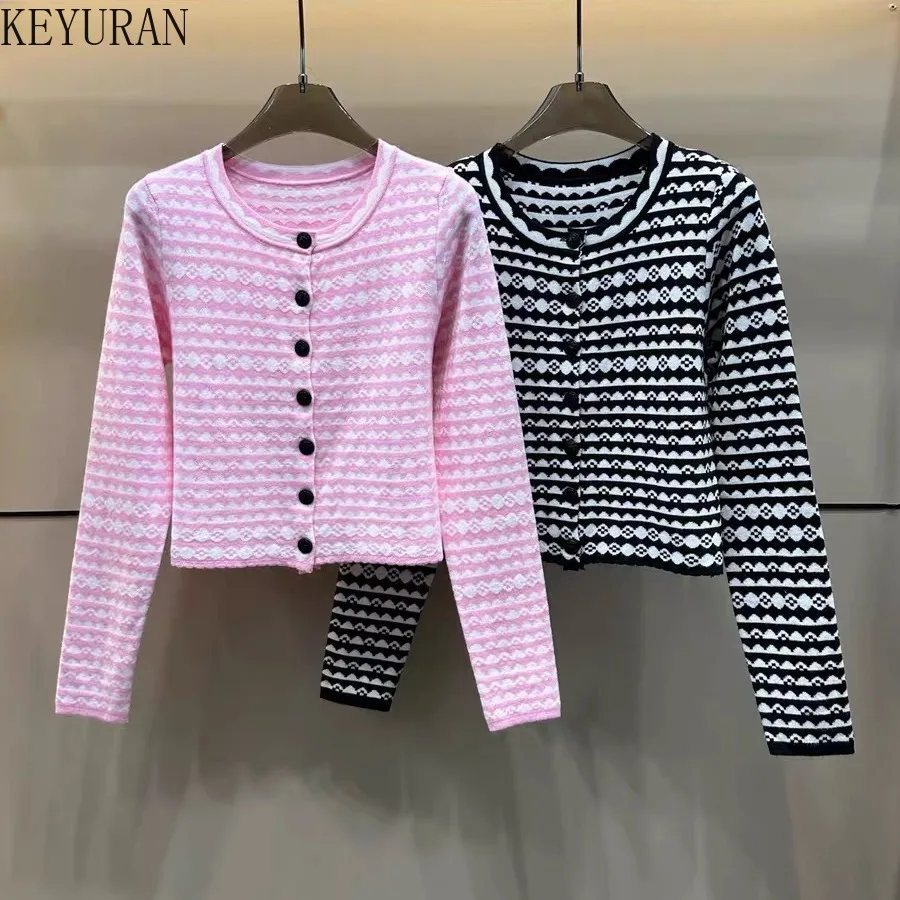 

Black White Striped Long Sleeve Knitted Cardigan Women Autumn Korean Elegant Fashion O-Neck Short Sweater Knitwear Tops Jacket