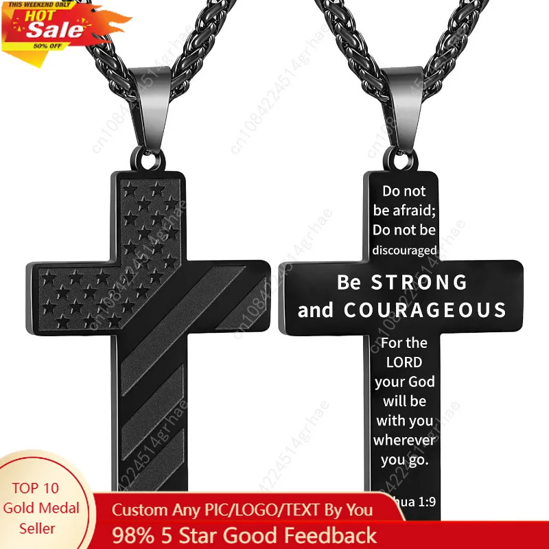 

DuoDiner Stocking Stuffers Christmas Gift-18+2 Inch Cross Necklace Bible Verse Stainless Steel American Flag Pendant Chain for M