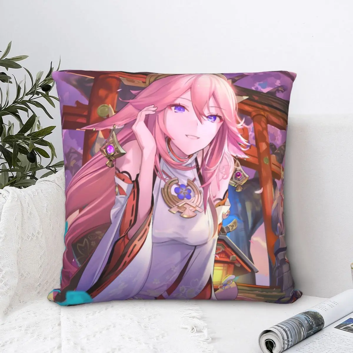 Yae Miko Raiden Sakura Throw Pillow Case Genshin Impact Game Backpack Cushions Covers DIY Printed Fashion For Home Decor