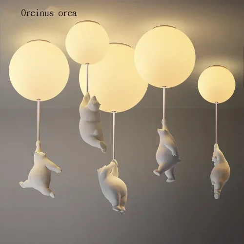 Nordic minimalist white bear ceiling lamp boy girl bedroom children's room lamp balloon romantic chandelier