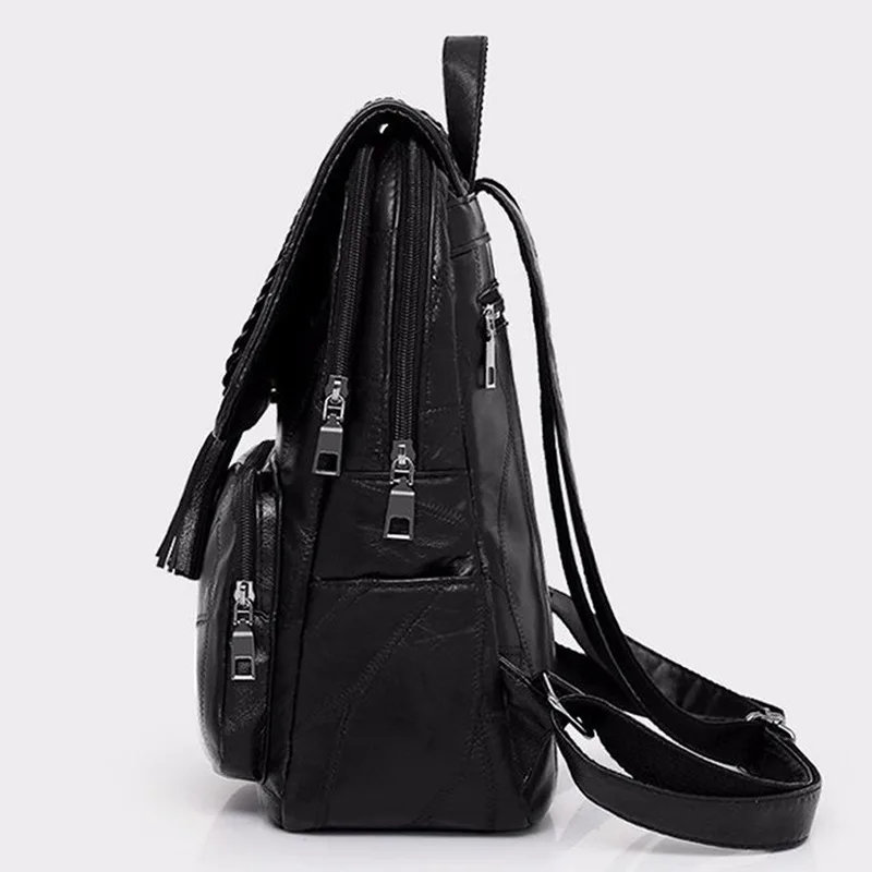 European American Fringed Solid Color Backpack Women Black Travel Birthday Gift Simple Fashion Bag Zipper