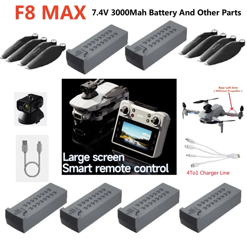 F8 MAX Drone Battery F8 MAX GPS Remote Control RC Drone Spare Parts Accessories 7.4V 3000Mah Battery Propeller Arm USB Charger