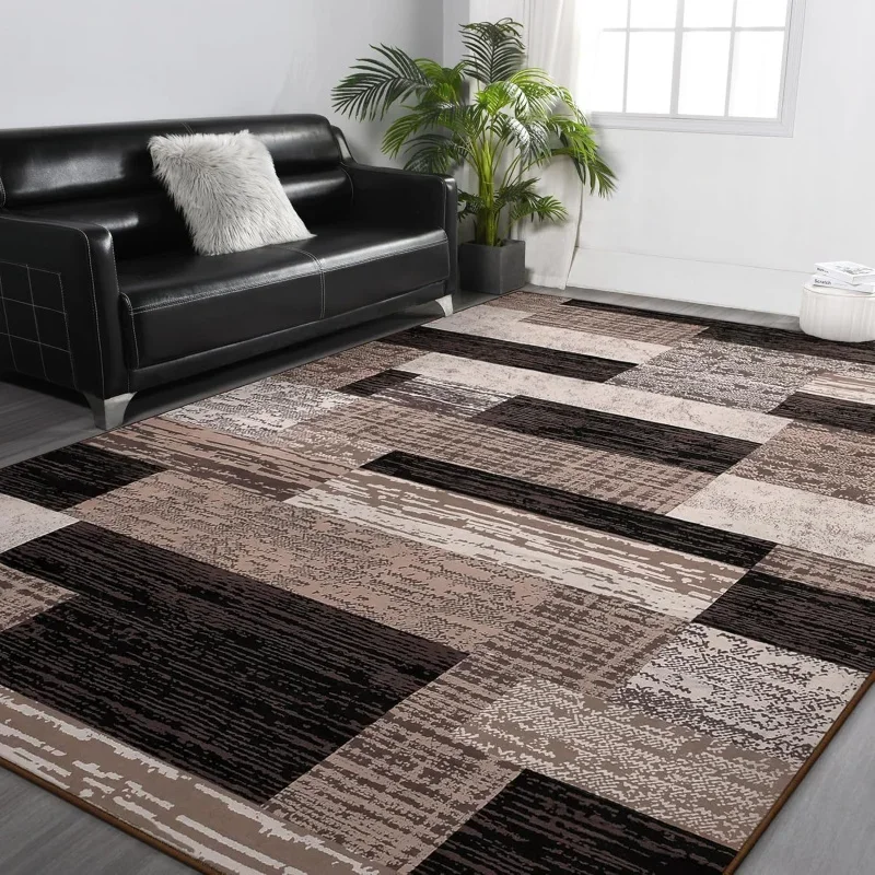 Modern Geometric Patchwork Area RugChocolate Large Rugs for Living Room, Rockwood Collection Indoor Rugs for Bedroom