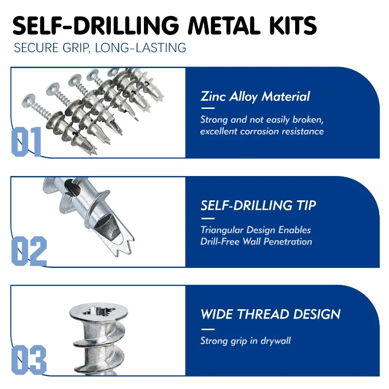 مجموعة مراسي الحوائط الجافة للزنك ذاتية الحفر من VKKM - مع 60 قطعة من مراسي الزنك و60 قطعة # 8 براغي، تحمل ما يصل إلى 50 رطلاً، لا حاجة إلى حفر مسبقًا