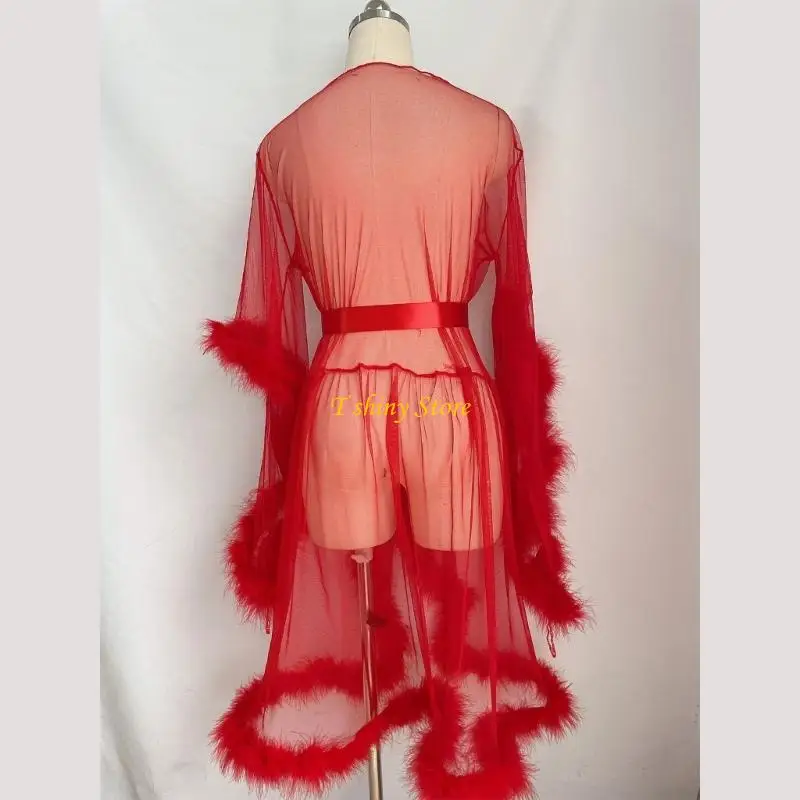 N58F Women Faux Furs Trim Long Sleeve Kimono Robe Sheer Mesh Chemise Sleepwear See Through Lingerie Belted Nightgown Sleepwear