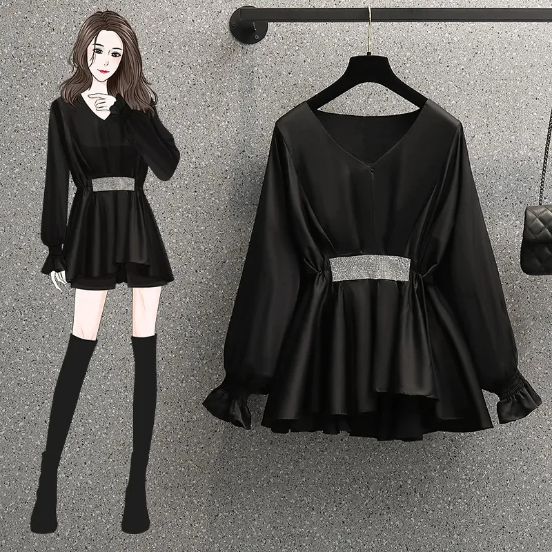 Small Shirt Slimming Hot Pressed Diamond V-neck Long Sleeved Shirt Chubby Sister Western-Style Waist Cinching Skirt Base Shirt