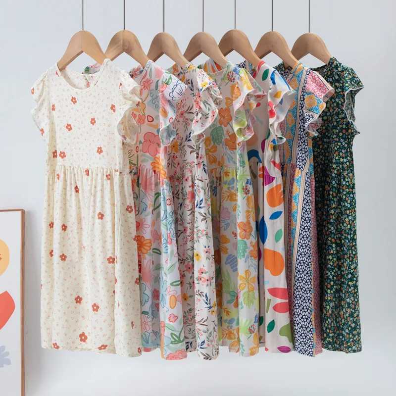 Sommerkleid für Mädchen, kurzärmeliges Kinderkleid, geblümtes Prinzessinnenkleid, weiches und bequemes Outdoor-Kleid für Babys