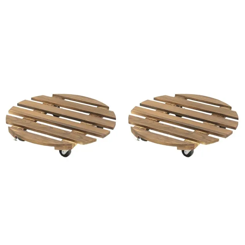 

【24H SALE】2X Round Universal Wheel Flower Pot Wooden Stand Flower Pot Base With Wheels,A