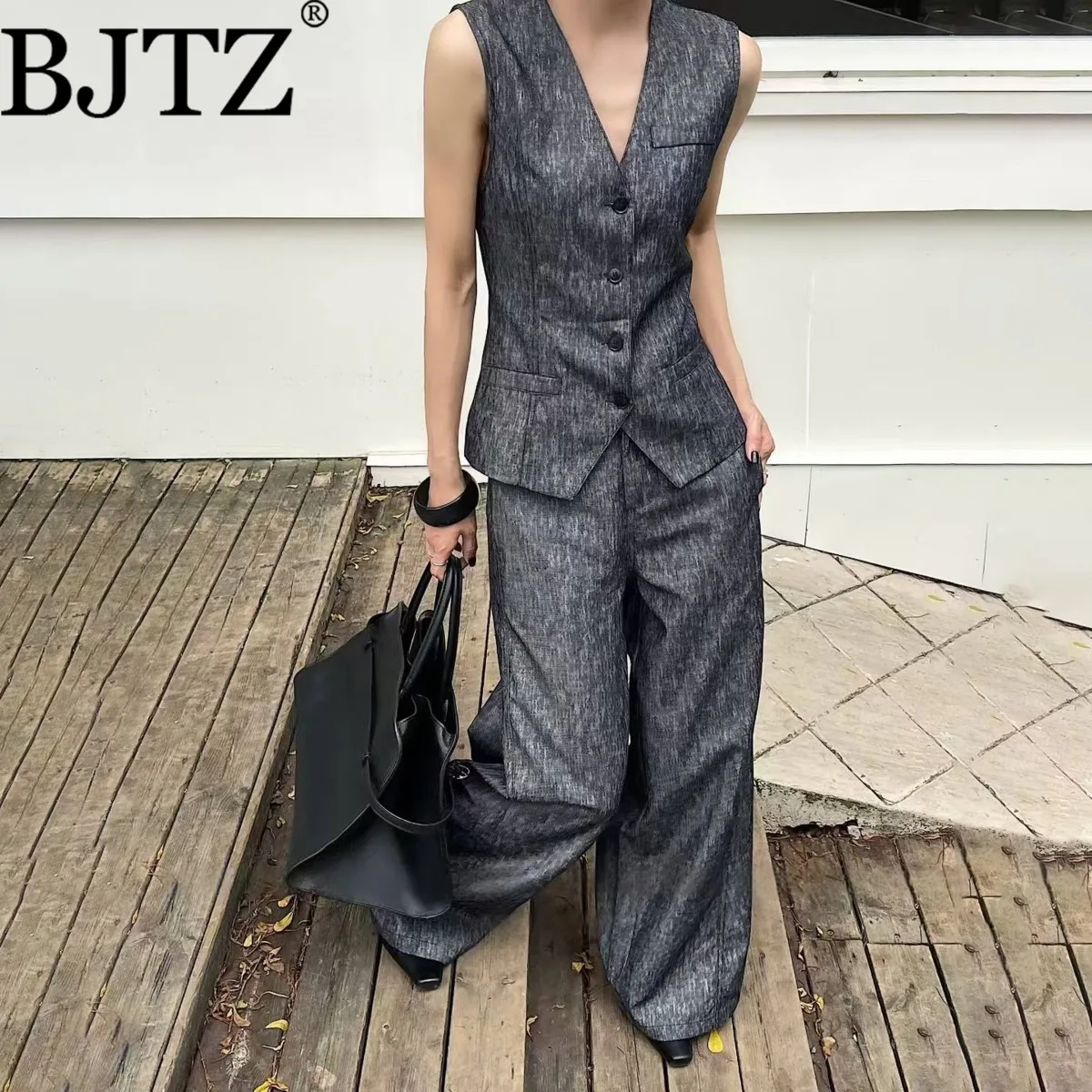 

BJTZ офисный женский пиджак без рукавов, жилет + широкие брюки с высокой талией для женщин, весна-осень 2021, новый модный женский пригородный комплект