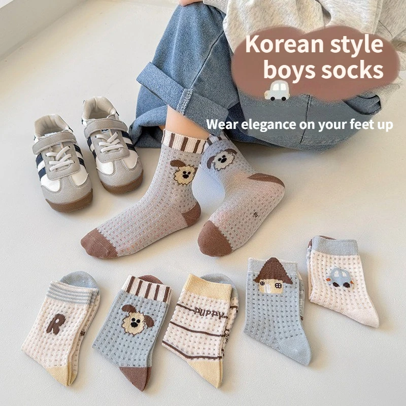 Korean Boys Summer Mesh Breathable Cotton Socks Cartoon Puppy Car Mid Calf Non Binding Kids Socks Daily Walking Sports 5 Pairs