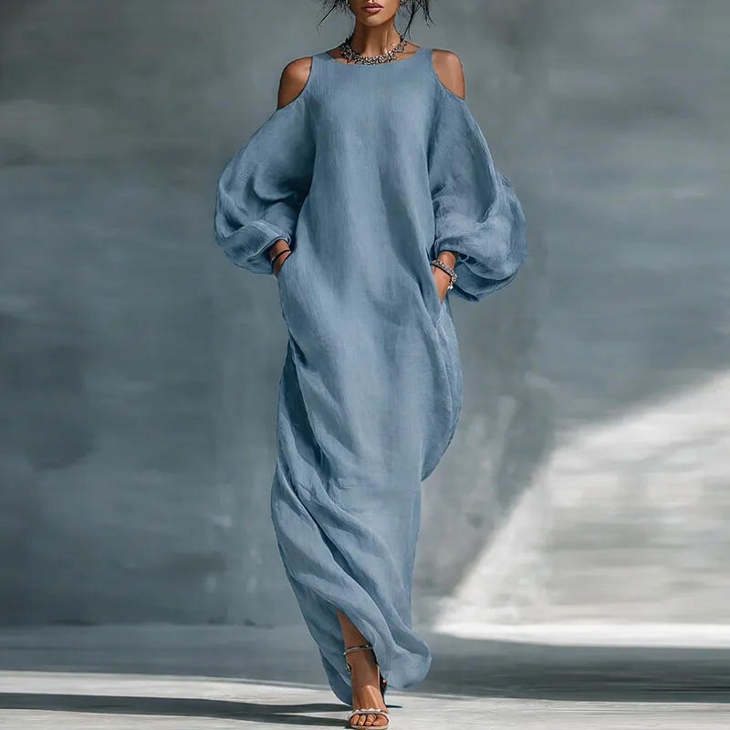 Bohemian Woman Dresses Vacation Sexy Cold Shoulder Lantern Long Sleeve Maxi Dress 2026 Spring Casual O Neck Solid Pullover Dress - Image 6