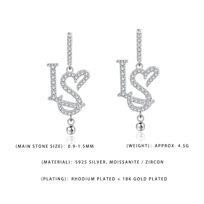 

Сверкающие серьги-буквы LOVE из серебра S925 с муассанитом, родиевым и 18-каратным золотым покрытием, 4,5 г