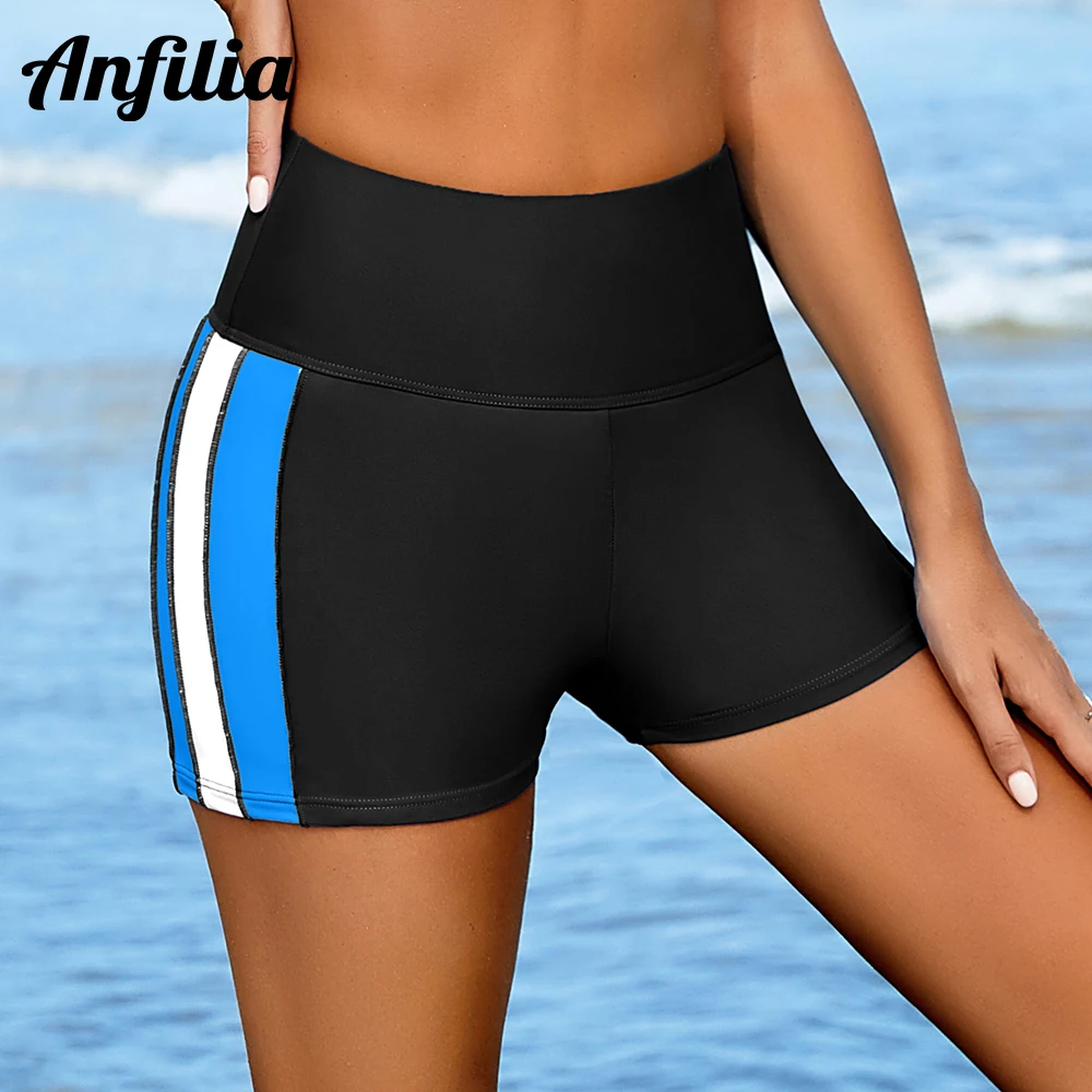 Anfilia Women Swimming Shorts High Waist Color Block Design Surfing Tankini Bottom Tummy Control with Hidden Back Pocket