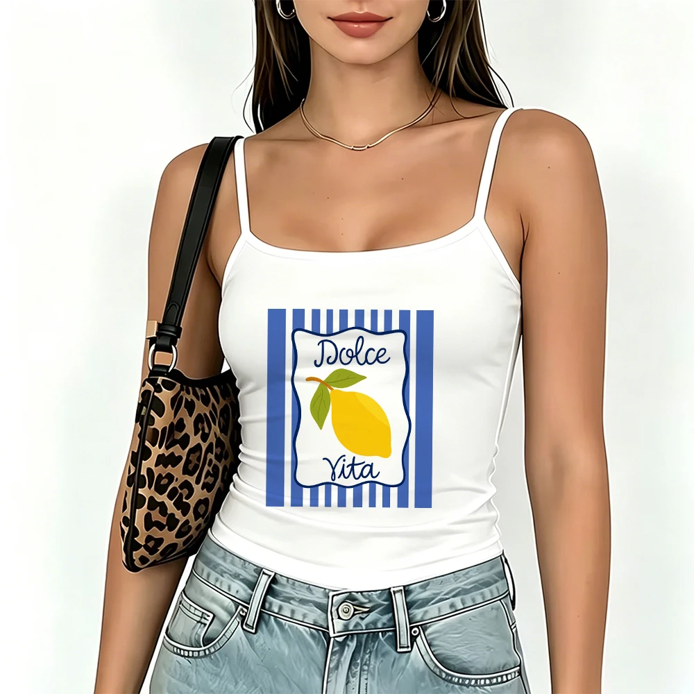 Dolce Vita Graphic Tank Top Cute Fruit Art Cami Y2K Aesthetic Harajuku Streetwear Slim Fit Crop Top Sexy Womens Vest