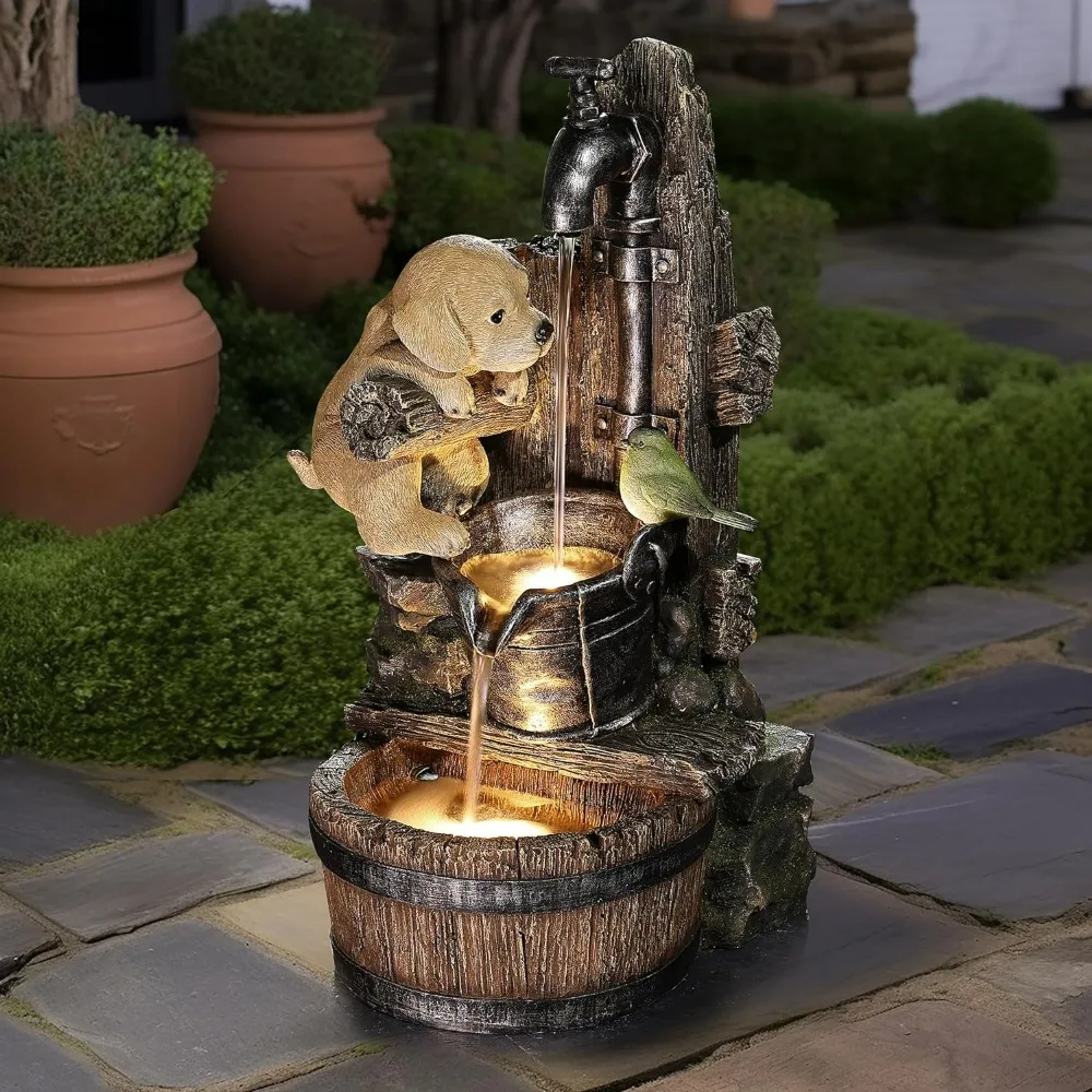 

Water Fountain Outdoor, Puppy At The Farmhouse Faucet Resin Outdoor Fountains, 25" Water Fountains with LED Light