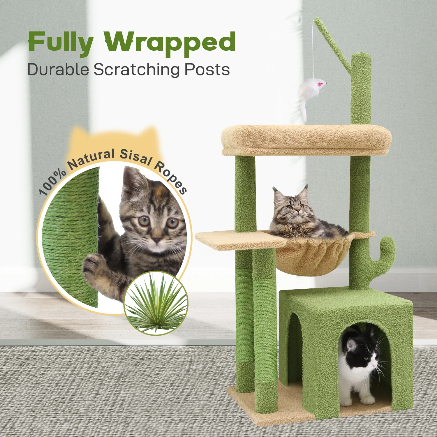 

F46A Cactus Cat Tree Tower | 46-Inch Sturdy Cat Condo with Scratching Posts, Hammock, and Anti-Tip Kit, Green