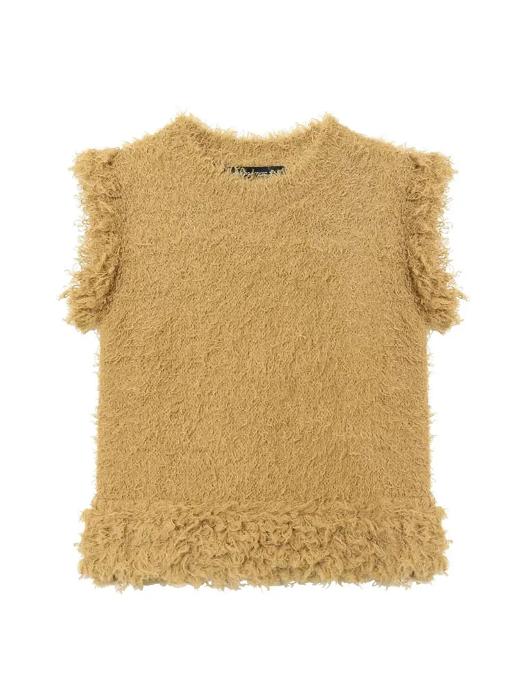 HH المرأة الصيف شيك محبوك القمم الزنجبيل الأصفر شرابة الديكور البلوفرات المرأة موضة جديدة س الرقبة سترات بلا أكمام العصرية #5