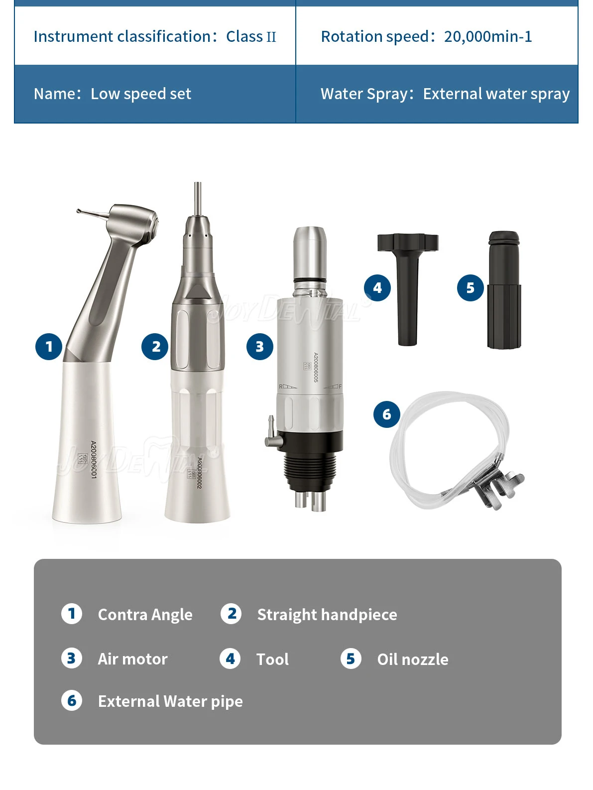 1 Stück JOY DENTAL Niedrigdrehzahl-Handstück 1:1 Winkelstück für ø2,35mm CA-Bohrer Druckknopf Gerader Nasenkegel Luftmotor 2/4 Löcher – Detail 10
