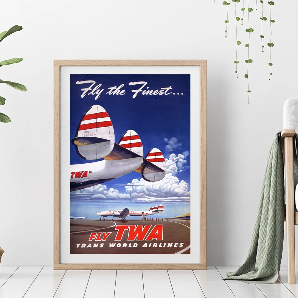 Póster de viaje del mundo de la aerolínea Vintage, impresiones artísticas Fly Twa, cielo azul, cuadro artístico de pared de avión, pintura en lienzo, decoración del hogar, regalo de piloto