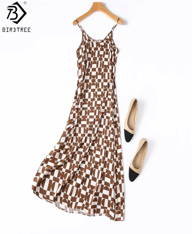 

Платье BirdTree, 19 мм, 93% шелк, 7% спандекс, женские однотонные атласные платья без рукавов с геометрическим принтом на подтяжках, новинка 2023 годаD57414JF