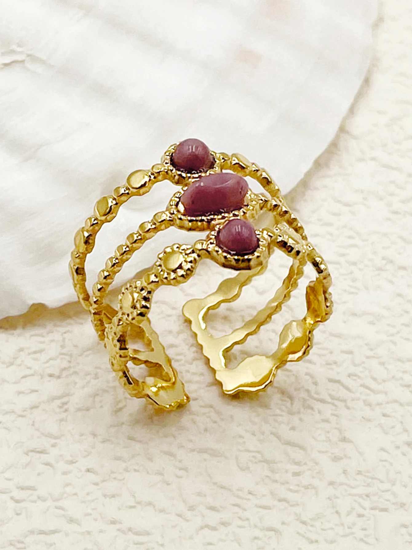 

May@RZ 2024 Nwe stainless steel 18k gold plated three layer round oval ring women's natural stone set fashion jewelry