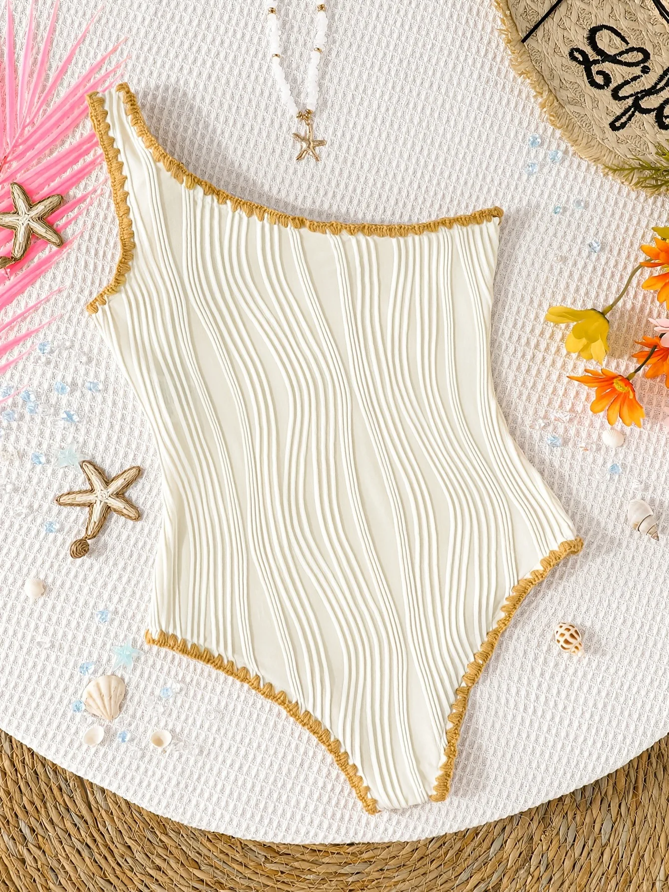Soft Kids Single Piece Bathing Suit, Asymmetric Single Shoulder Wavy Fabric One Piece Swimsuit with Golden Crochet Binding for P