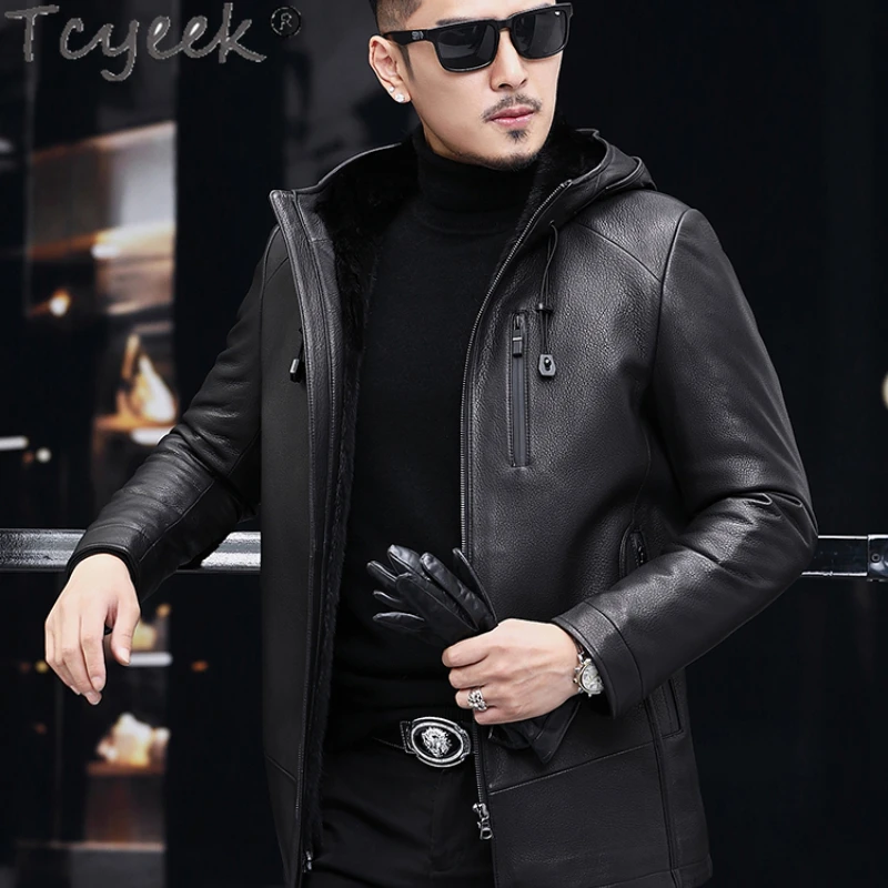 

Tcyeek Real Fur Jackets Winter Coat Men Mid-length Goatskin Genuine Leather Jacket Men Fashion Natural Mink Fur Coat Man Hooded