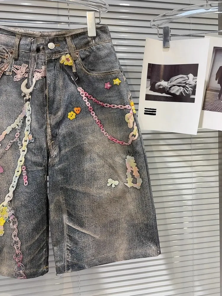 Short en jean d'été pour femmes, pantalon Vintage imprimé de personnalité, longueur aux genoux; Jeans pour femmes, short décontracté Hip Hop, nouveau