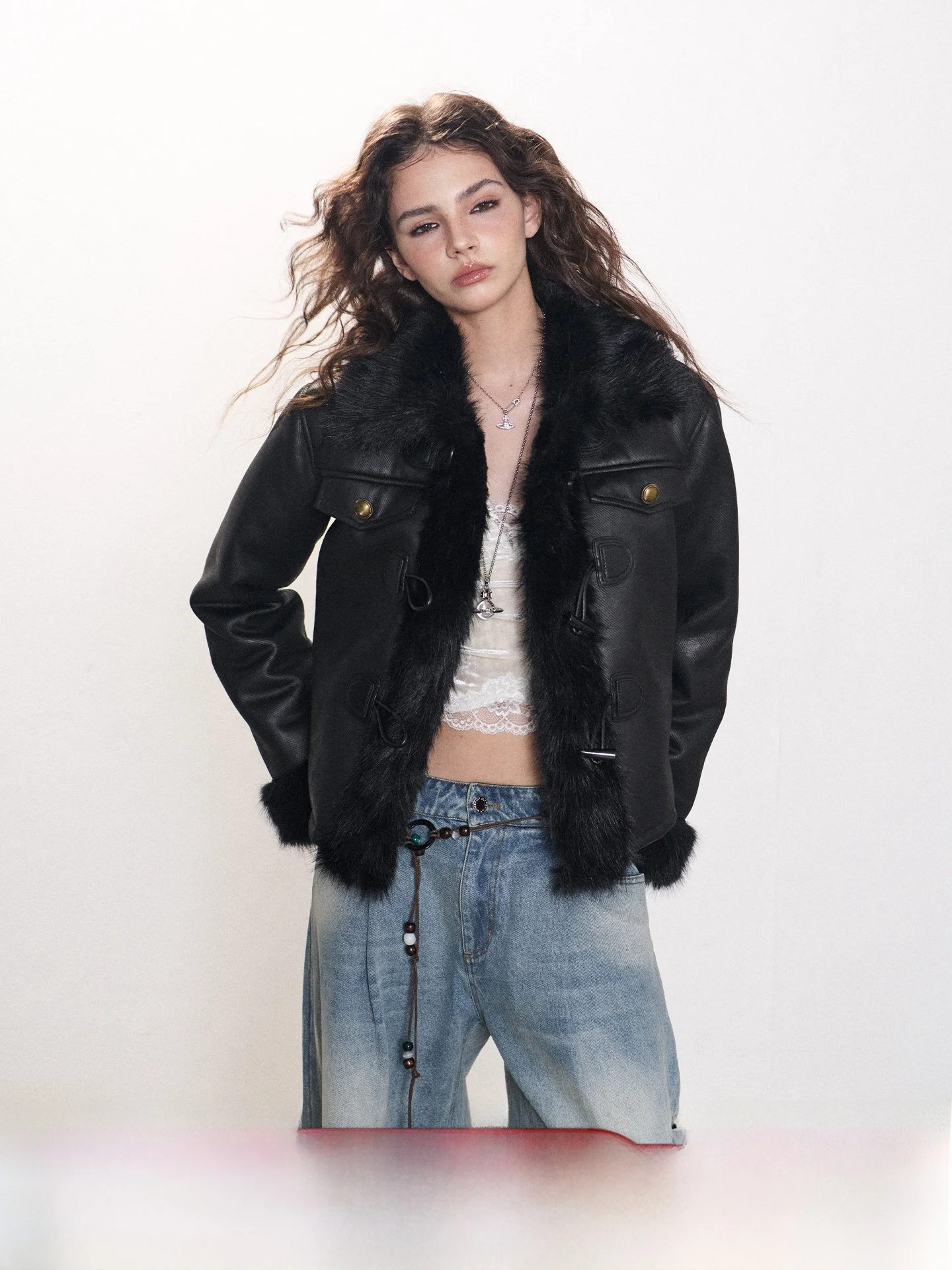 

Куртка Goosfir Original Design в винтажном стиле из кожи и меха, теплая, осенне-зимняя, женская, повседневная, свободного кроя