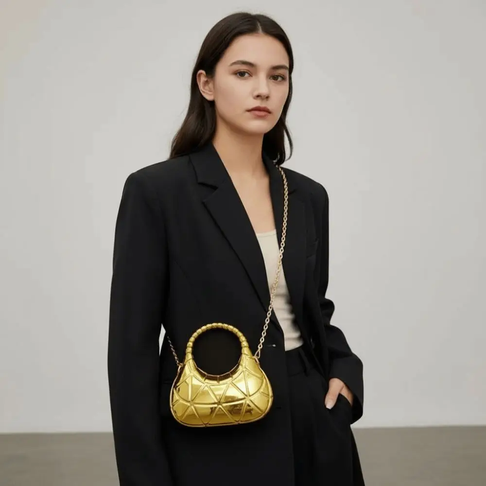 Mirror-like Surface Metallic Crescent Clutch Minimalist Silhouette Integrated Top Handle High-Shine Moon Bag Compact Interior